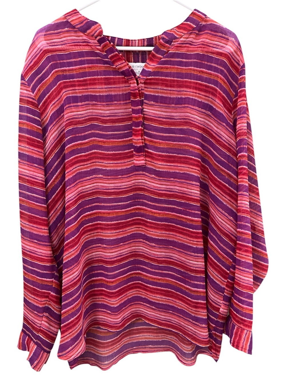Liz Claiborne Pink, Purple & Orange Boho Sheer Striped V-Neck Tunic Size XL